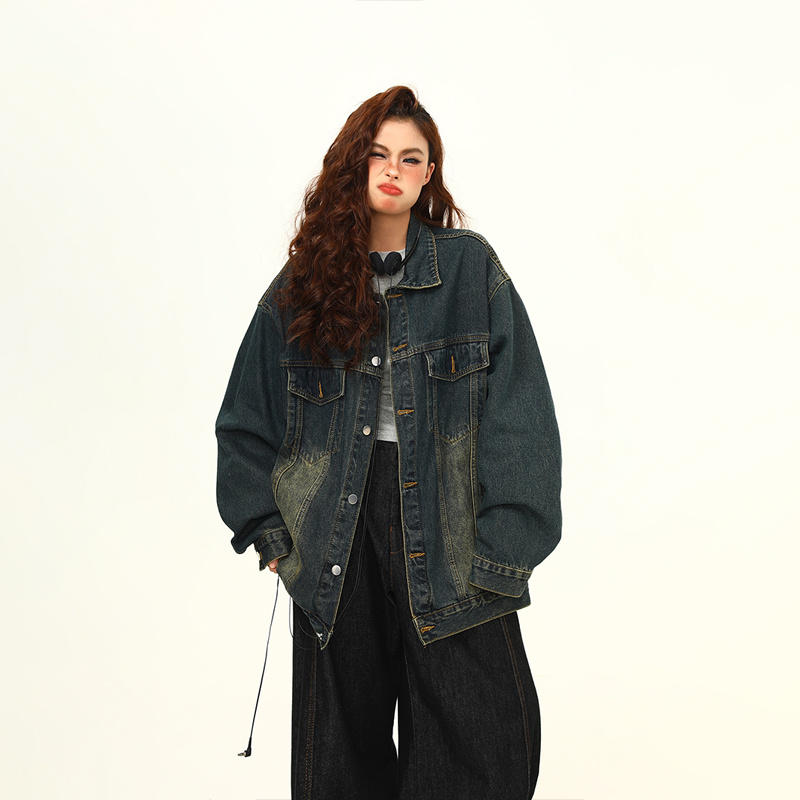 Washed-out Vintage Blue Denim Coat Couple Jacket