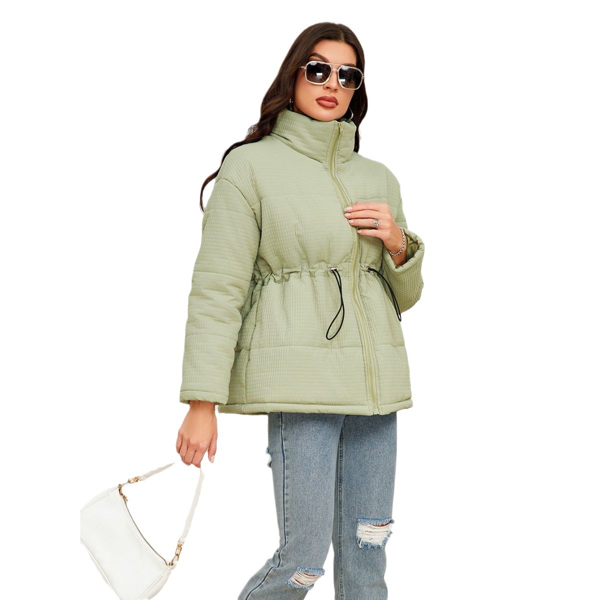 Women's Zipper Cinched Drawstring Cotton Coat Jacket - Image 4