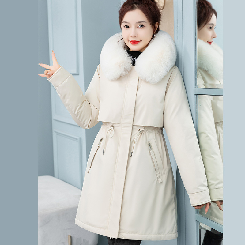 Women's Mid-length Loose Cotton Coat Fleece-lined Thickened Cinched Coat - Image 4