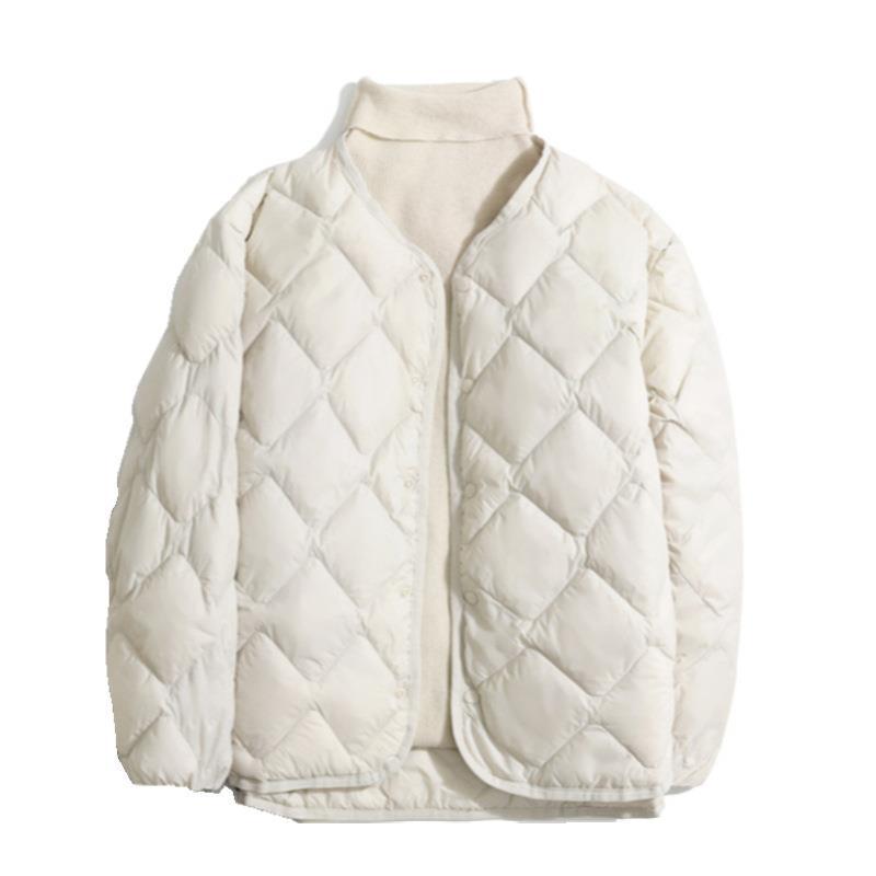 Women's Short Liner Plus Size Diamond Lattice White Duck Down V-neck Coat - Image 6