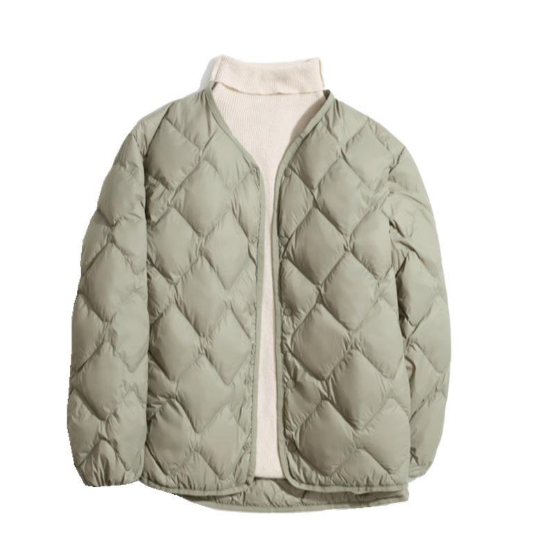 Women's Short Liner Plus Size Diamond Lattice White Duck Down V-neck Coat - Image 2