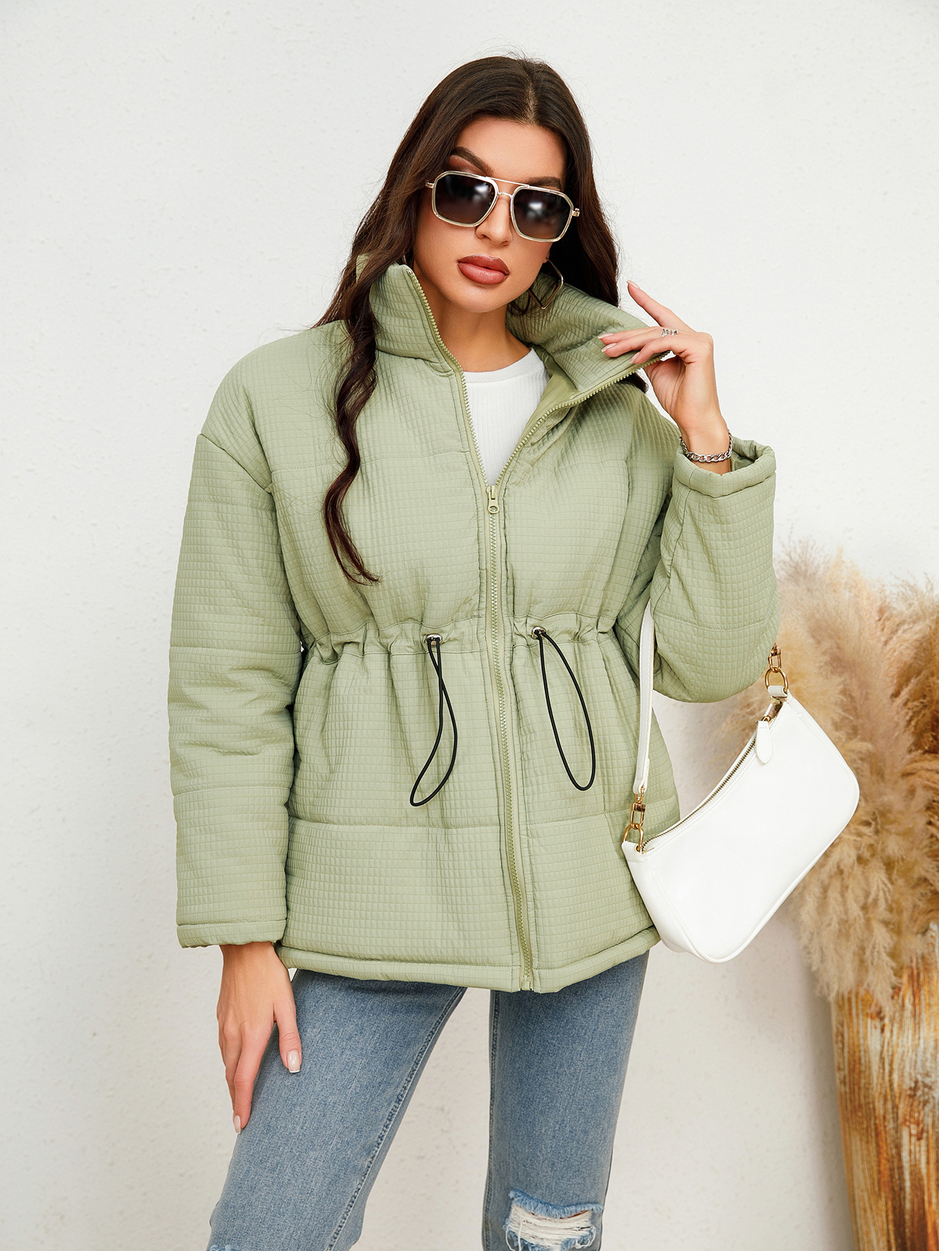Women's Zipper Cinched Drawstring Cotton Coat Jacket - Image 2