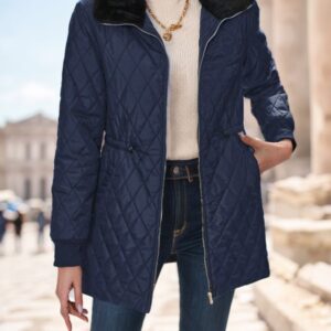 Casual Winter Clothes Contrast-Color Fur Collar Drawstring Waist Padded Padded Coat